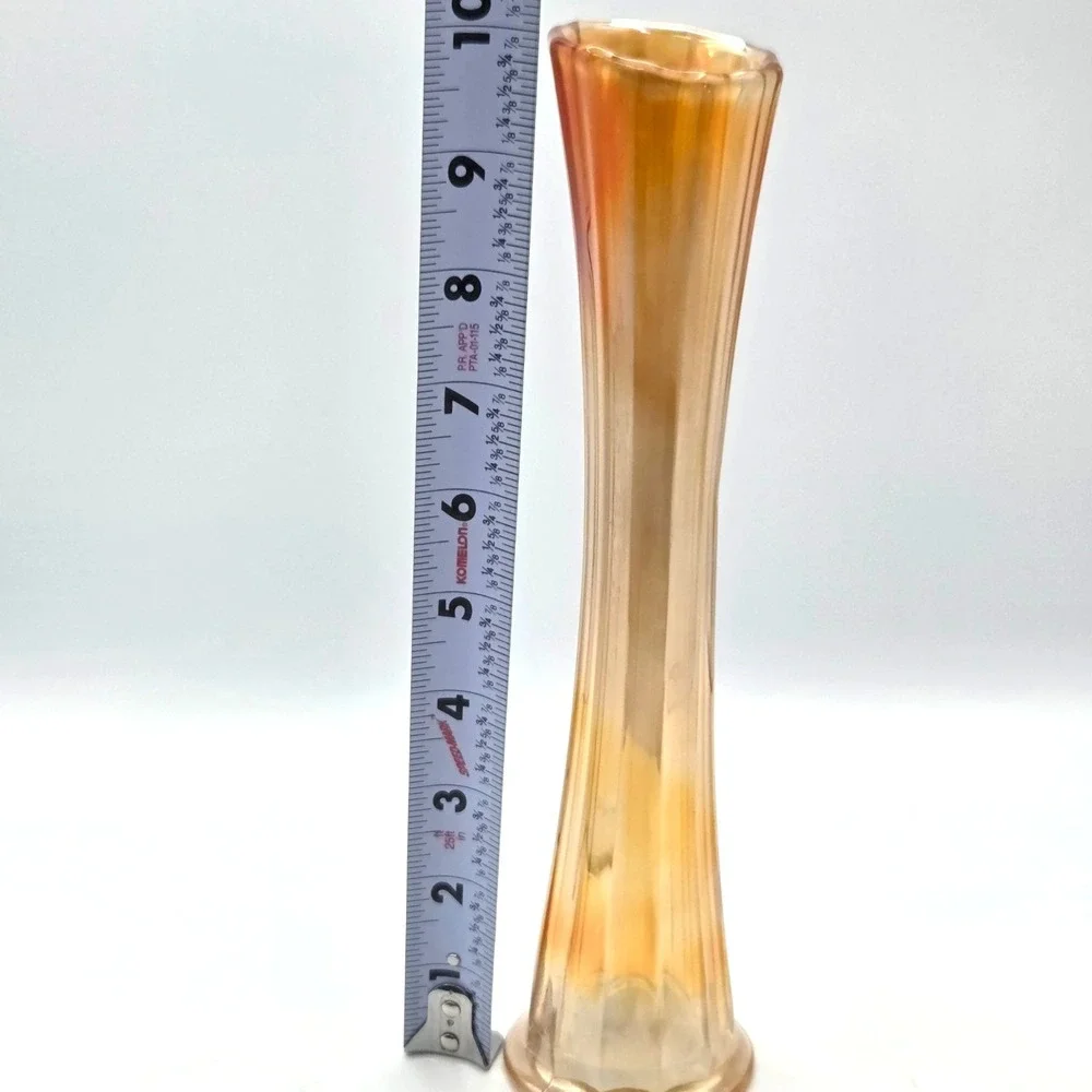 Vintage Amber Marigold Carnival Glass Opalescent Swung Vase 10